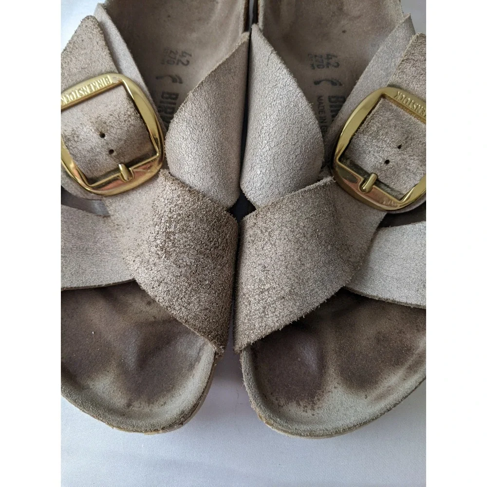 Birkenstock Siena Big Buckle Metallic Taupe Suede Slide Sandals Womens 42 L11 M9